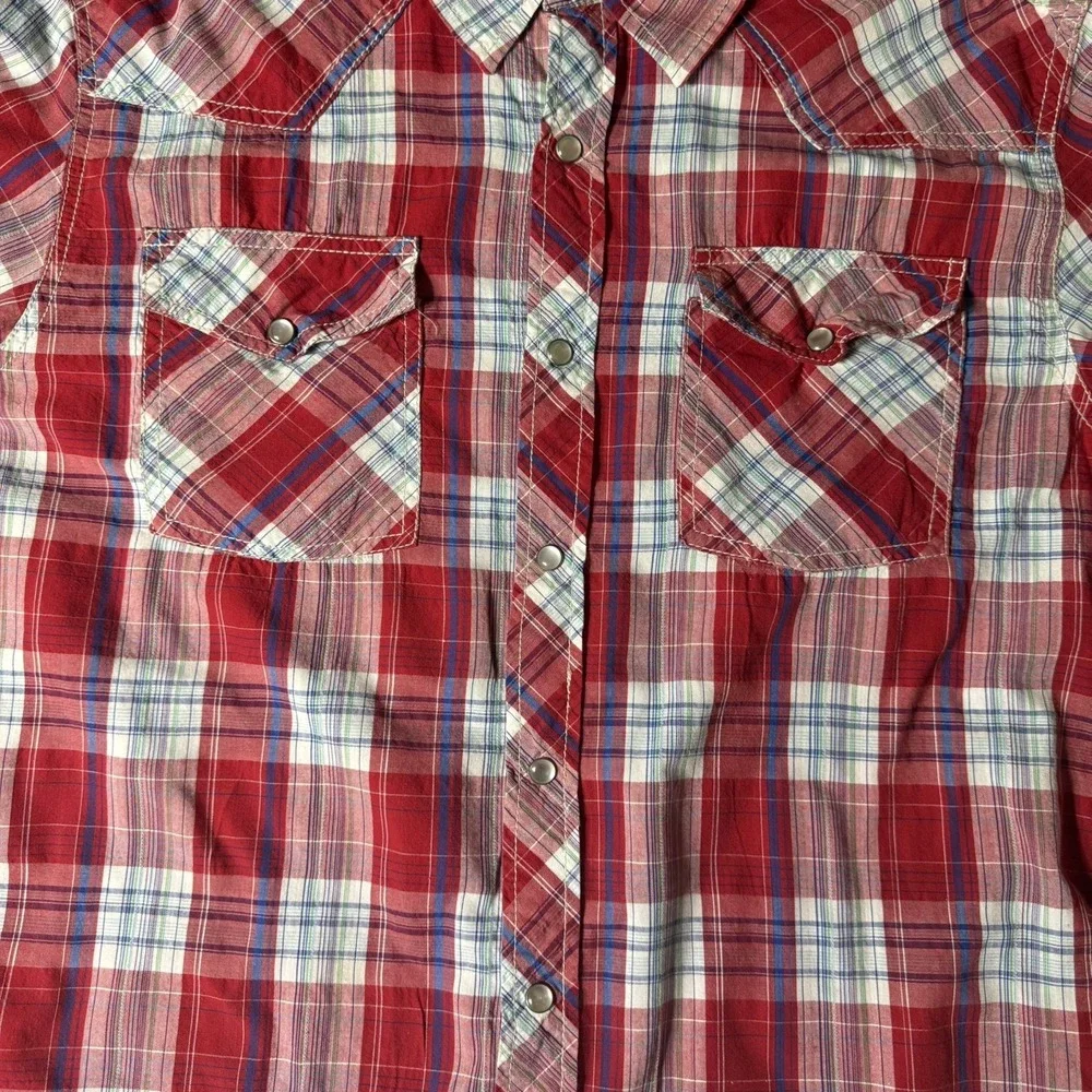 Heritage 1981 Western Snap Shirt‎ Mens Large Red Plaid Roll Tab Sleeve Button Up